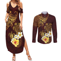 Polynesian Turtle Couples Matching Summer Maxi Dress and Long Sleeve Button Shirt Plumeria Hibiscus Pattern Oxblood