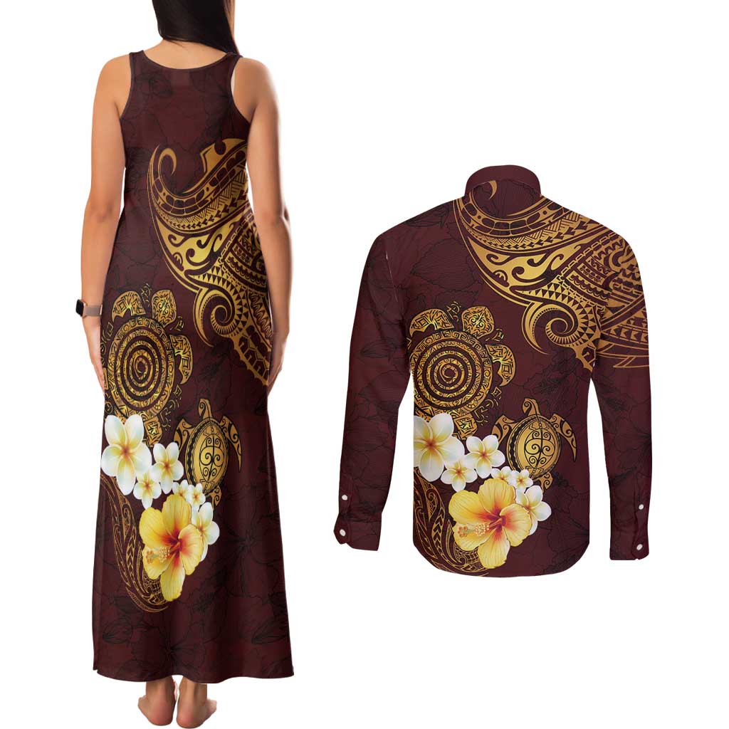 Polynesian Turtle Couples Matching Tank Maxi Dress and Long Sleeve Button Shirt Plumeria Hibiscus Pattern Oxblood