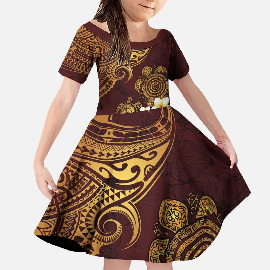 Polynesian Turtle Family Matching Long Sleeve Bodycon Dress and Hawaiian Shirt Plumeria Hibiscus Pattern Oxblood LT03 Daughter's Dress Oxblood - Polynesian Pride
