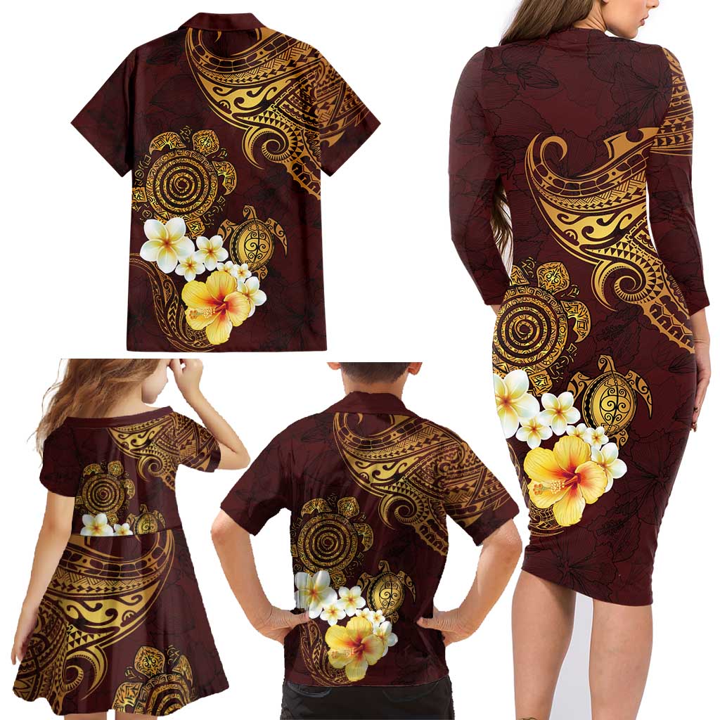 Polynesian Turtle Family Matching Long Sleeve Bodycon Dress and Hawaiian Shirt Plumeria Hibiscus Pattern Oxblood LT03 - Polynesian Pride