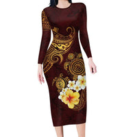 Polynesian Turtle Family Matching Long Sleeve Bodycon Dress and Hawaiian Shirt Plumeria Hibiscus Pattern Oxblood LT03 Mom's Dress Oxblood - Polynesian Pride