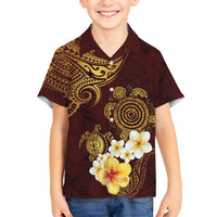Polynesian Turtle Family Matching Long Sleeve Bodycon Dress and Hawaiian Shirt Plumeria Hibiscus Pattern Oxblood LT03 Son's Shirt Oxblood - Polynesian Pride