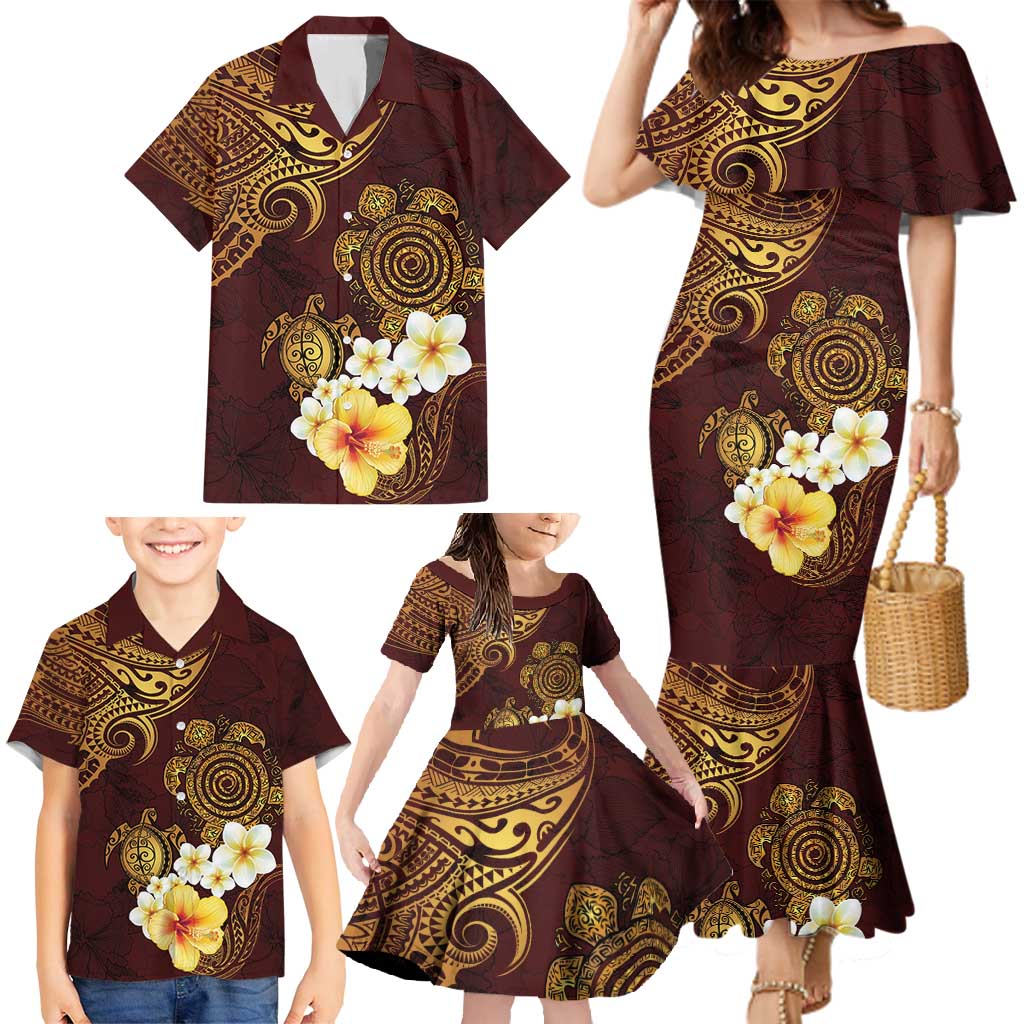 Polynesian Turtle Family Matching Mermaid Dress and Hawaiian Shirt Plumeria Hibiscus Pattern Oxblood LT03 - Polynesian Pride