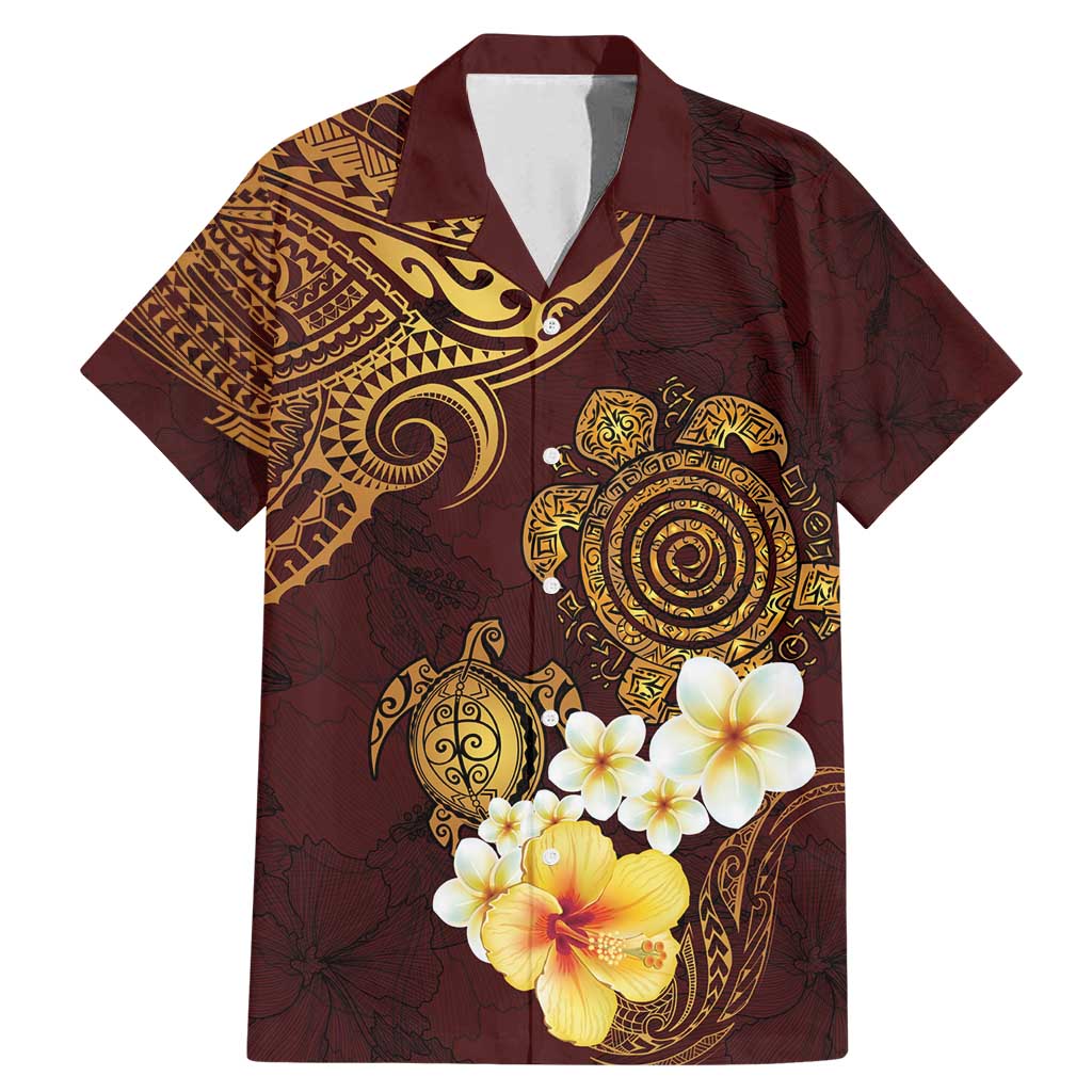Polynesian Turtle Family Matching Mermaid Dress and Hawaiian Shirt Plumeria Hibiscus Pattern Oxblood LT03 Dad's Shirt - Short Sleeve Oxblood - Polynesian Pride