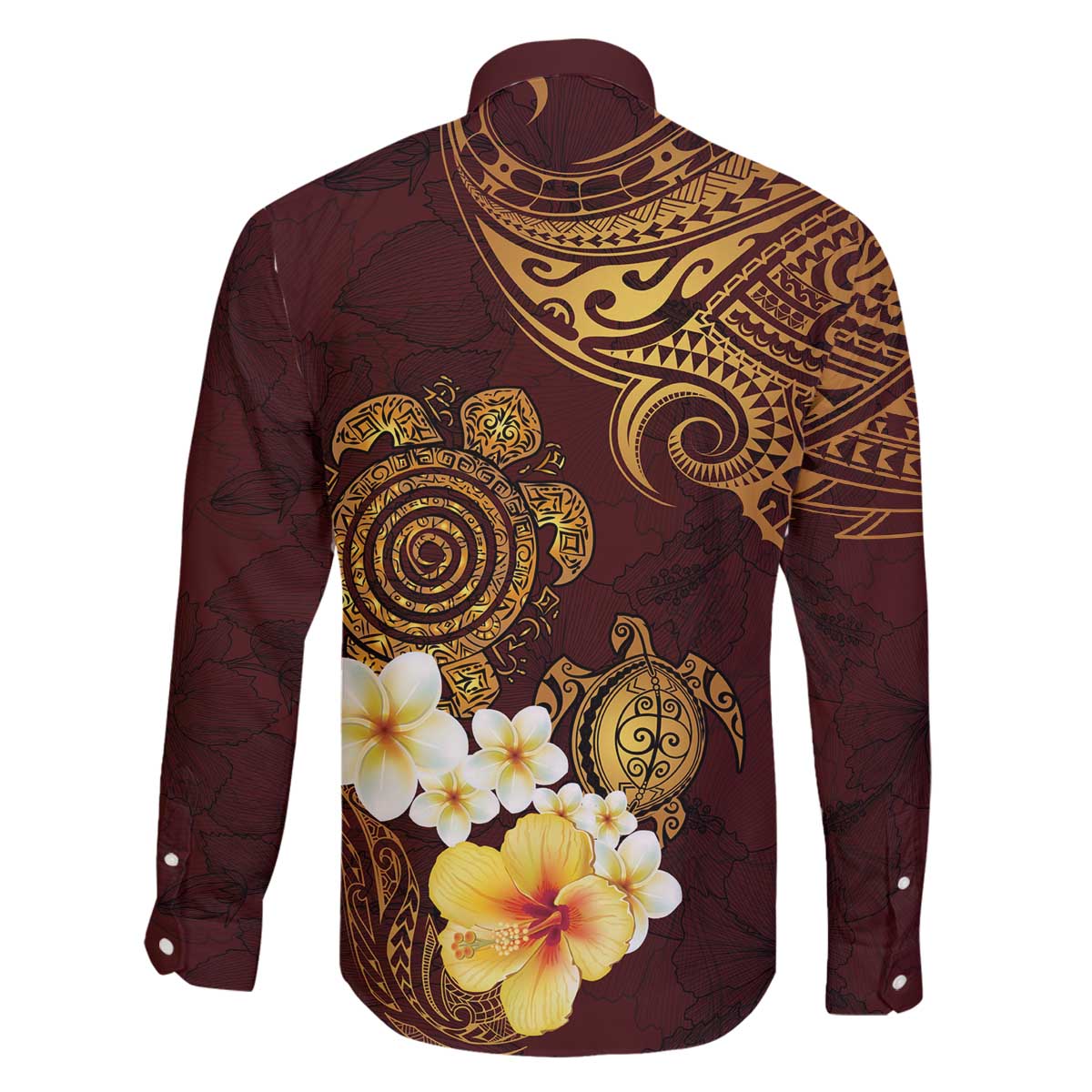 Polynesian Turtle Family Matching Off The Shoulder Long Sleeve Dress and Hawaiian Shirt Plumeria Hibiscus Pattern Oxblood