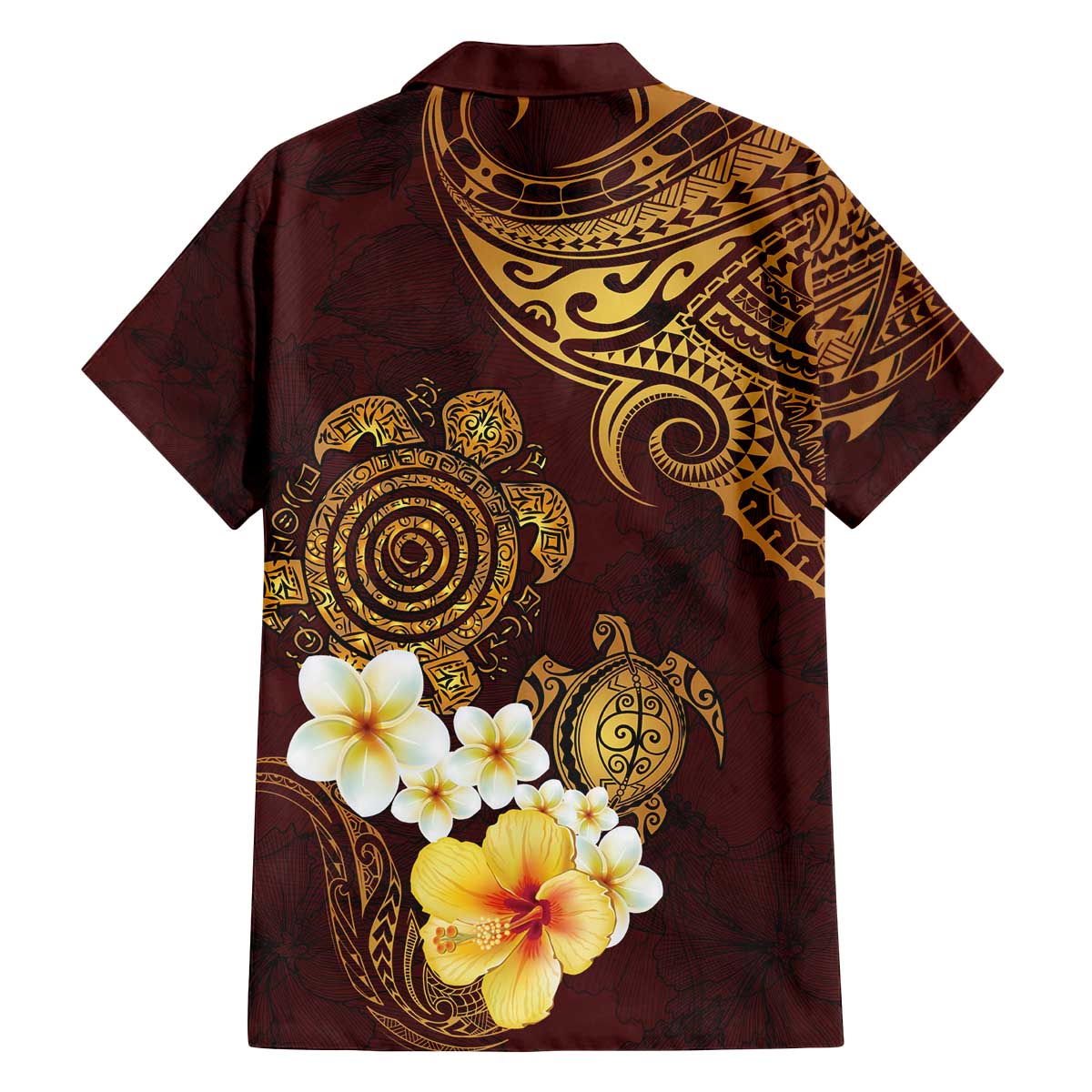 Polynesian Turtle Family Matching Off Shoulder Short Dress and Hawaiian Shirt Plumeria Hibiscus Pattern Oxblood