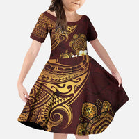 Polynesian Turtle Family Matching Short Sleeve Bodycon Dress and Hawaiian Shirt Plumeria Hibiscus Pattern Oxblood LT03 Daughter's Dress Oxblood - Polynesian Pride