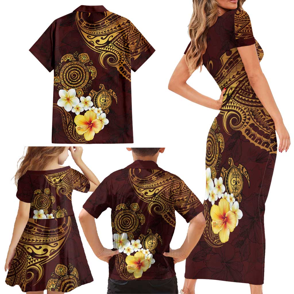 Polynesian Turtle Family Matching Short Sleeve Bodycon Dress and Hawaiian Shirt Plumeria Hibiscus Pattern Oxblood LT03 - Polynesian Pride