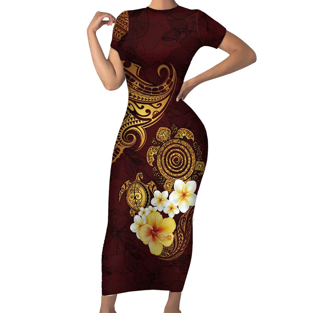 Polynesian Turtle Family Matching Short Sleeve Bodycon Dress and Hawaiian Shirt Plumeria Hibiscus Pattern Oxblood LT03 Mom's Dress Oxblood - Polynesian Pride