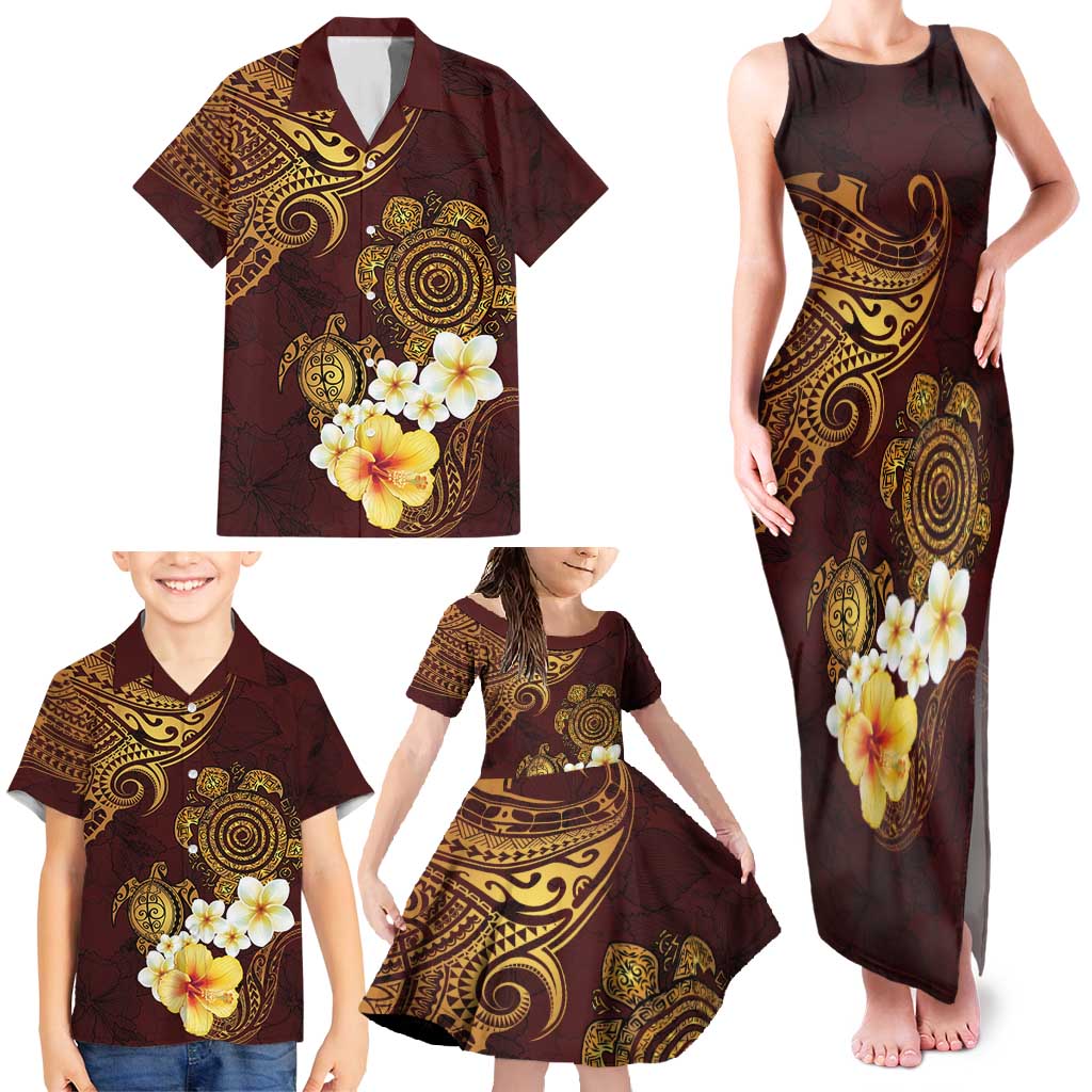 Polynesian Turtle Family Matching Tank Maxi Dress and Hawaiian Shirt Plumeria Hibiscus Pattern Oxblood