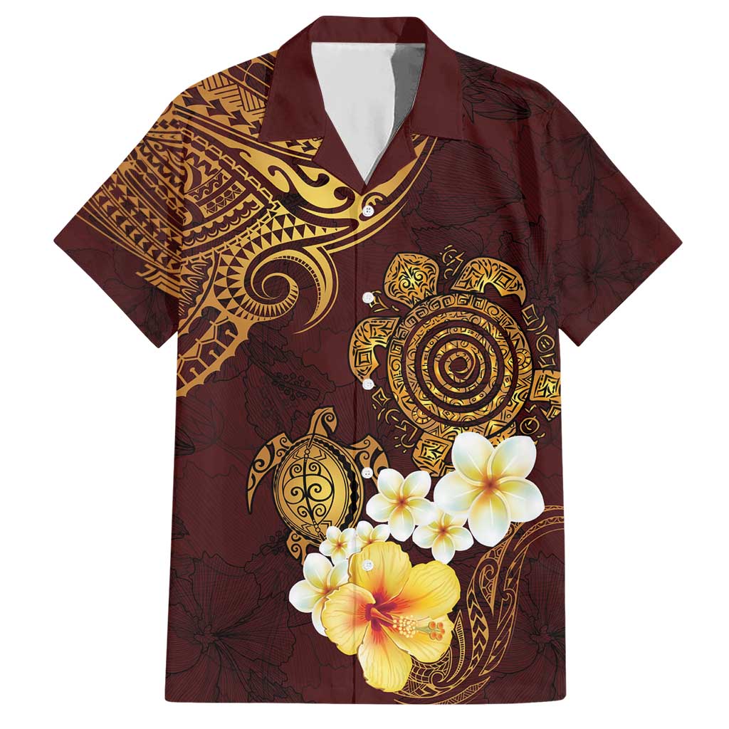 Polynesian Turtle Hawaiian Shirt Plumeria Hibiscus Pattern Oxblood