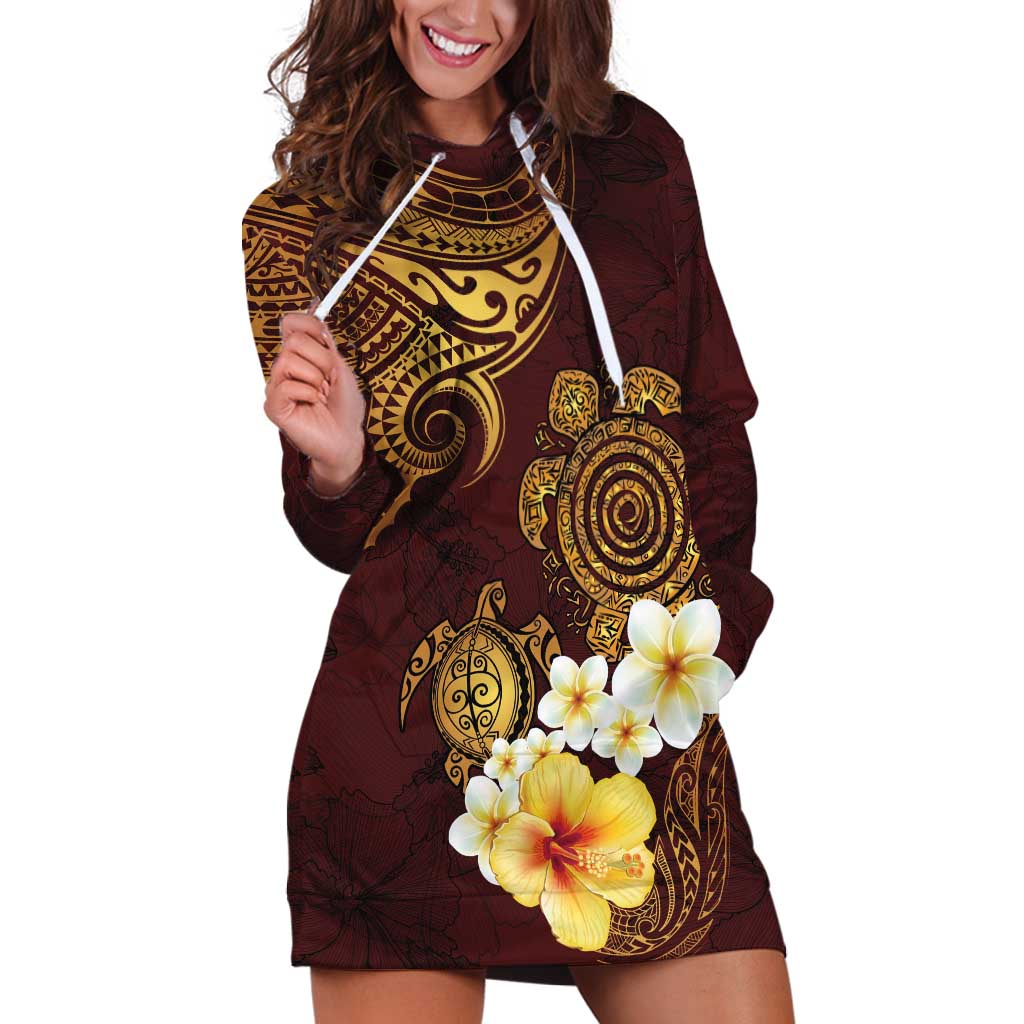 Polynesian Turtle Hoodie Dress Plumeria Hibiscus Pattern Oxblood