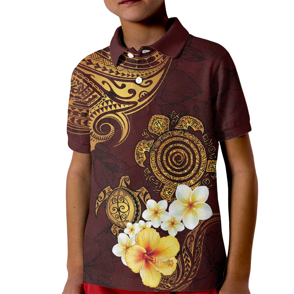 Polynesian Turtle Kid Polo Shirt Plumeria Hibiscus Pattern Oxblood