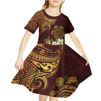 Polynesian Turtle Kid Short Sleeve Dress Plumeria Hibiscus Pattern Oxblood