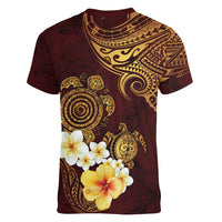 Polynesian Turtle Women V-Neck T-Shirt Plumeria Hibiscus Pattern Oxblood