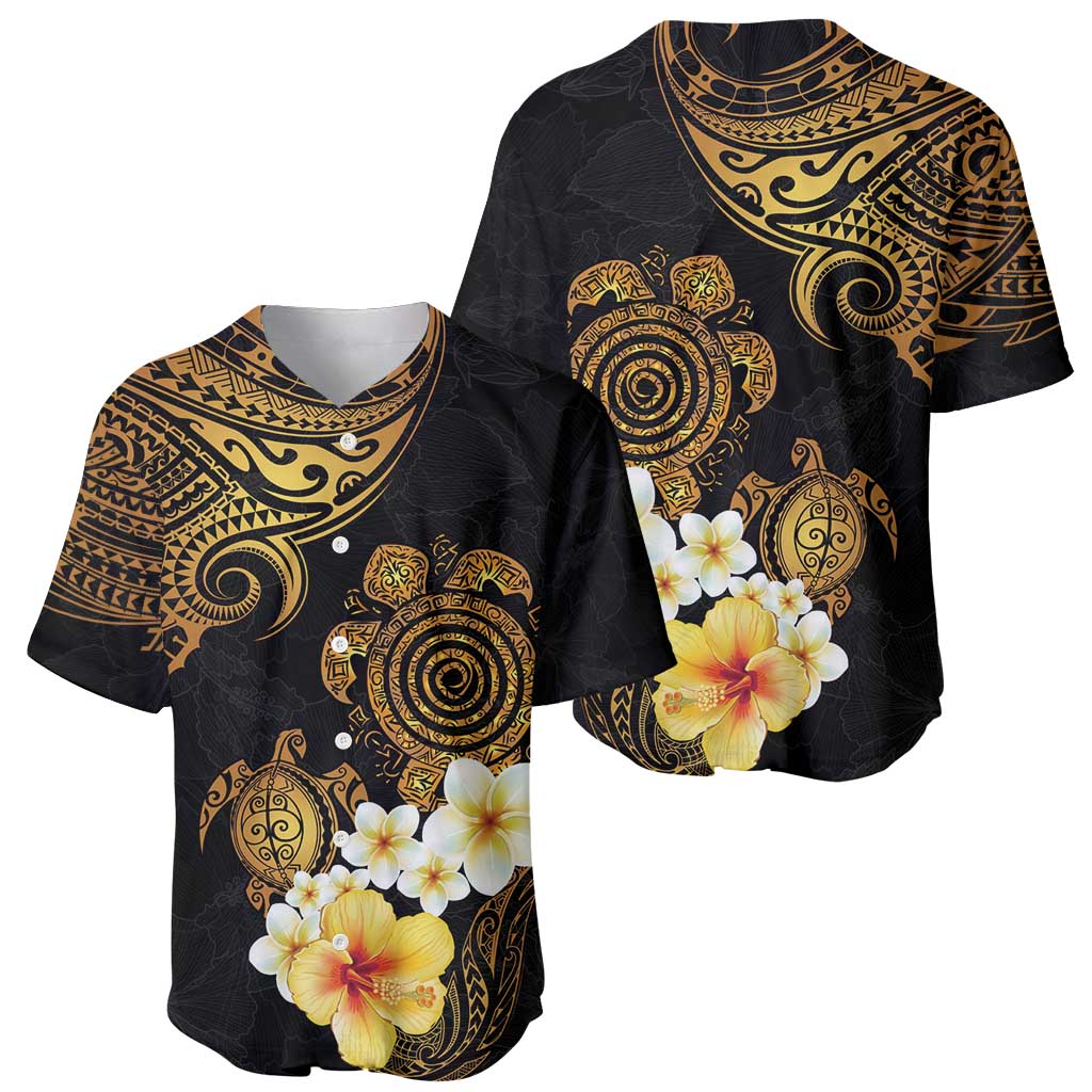 Polynesian Turtle Baseball Jersey Plumeria Hibiscus Pattern Black Color