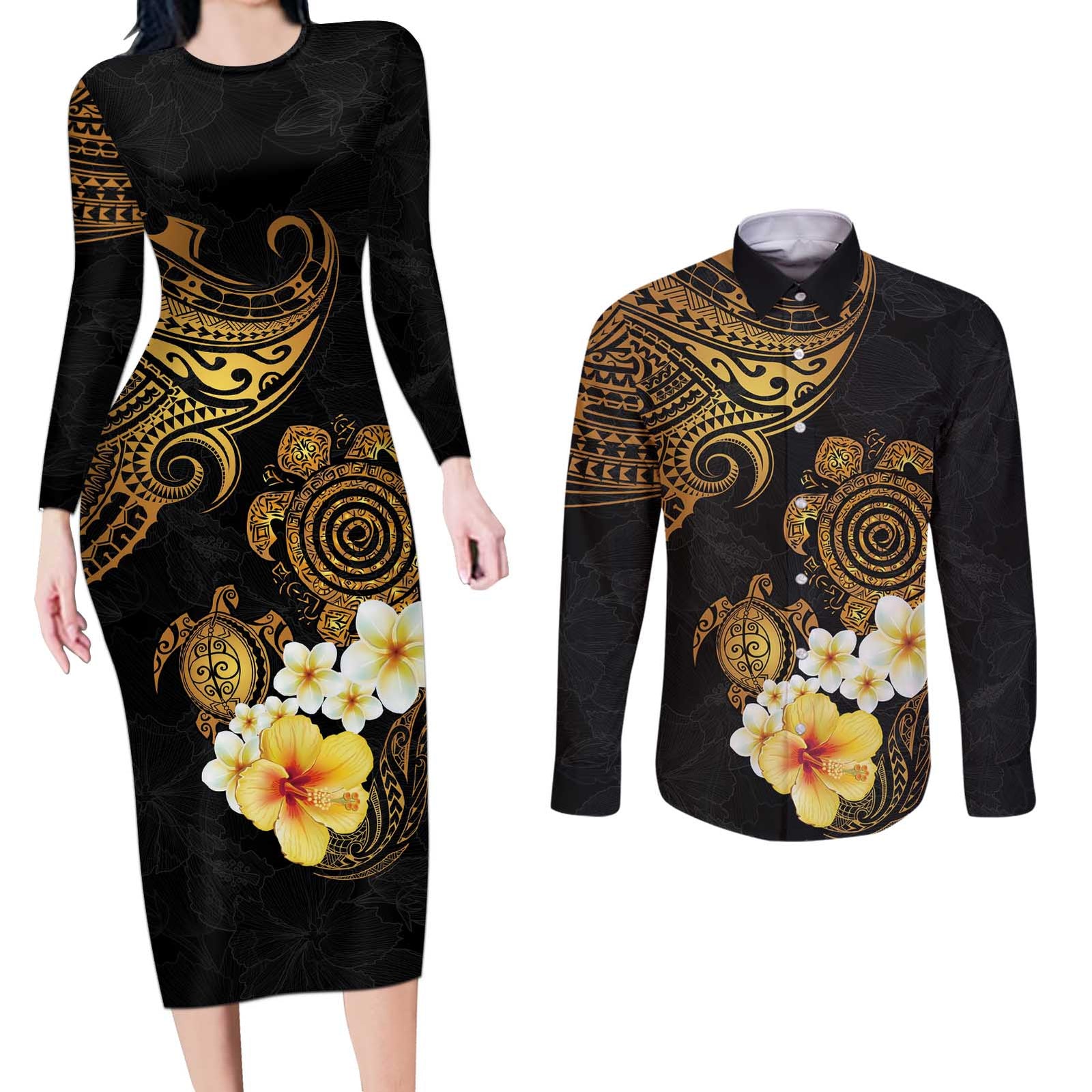 Polynesian Turtle Couples Matching Long Sleeve Bodycon Dress and Long Sleeve Button Shirt Plumeria Hibiscus Pattern Black Color