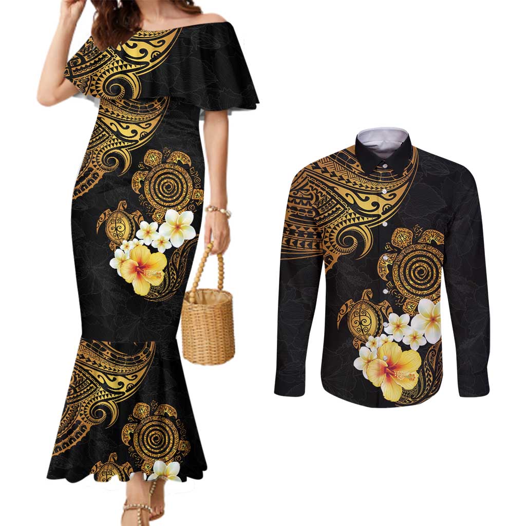 Polynesian Turtle Couples Matching Mermaid Dress and Long Sleeve Button Shirt Plumeria Hibiscus Pattern Black Color
