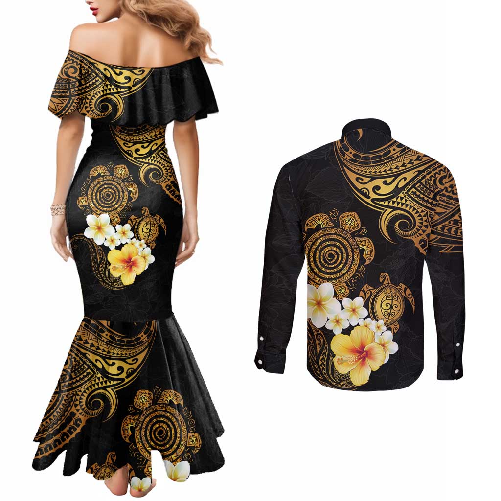 Polynesian Turtle Couples Matching Mermaid Dress and Long Sleeve Button Shirt Plumeria Hibiscus Pattern Black Color