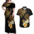 Polynesian Turtle Couples Matching Off Shoulder Maxi Dress and Hawaiian Shirt Plumeria Hibiscus Pattern Black Color