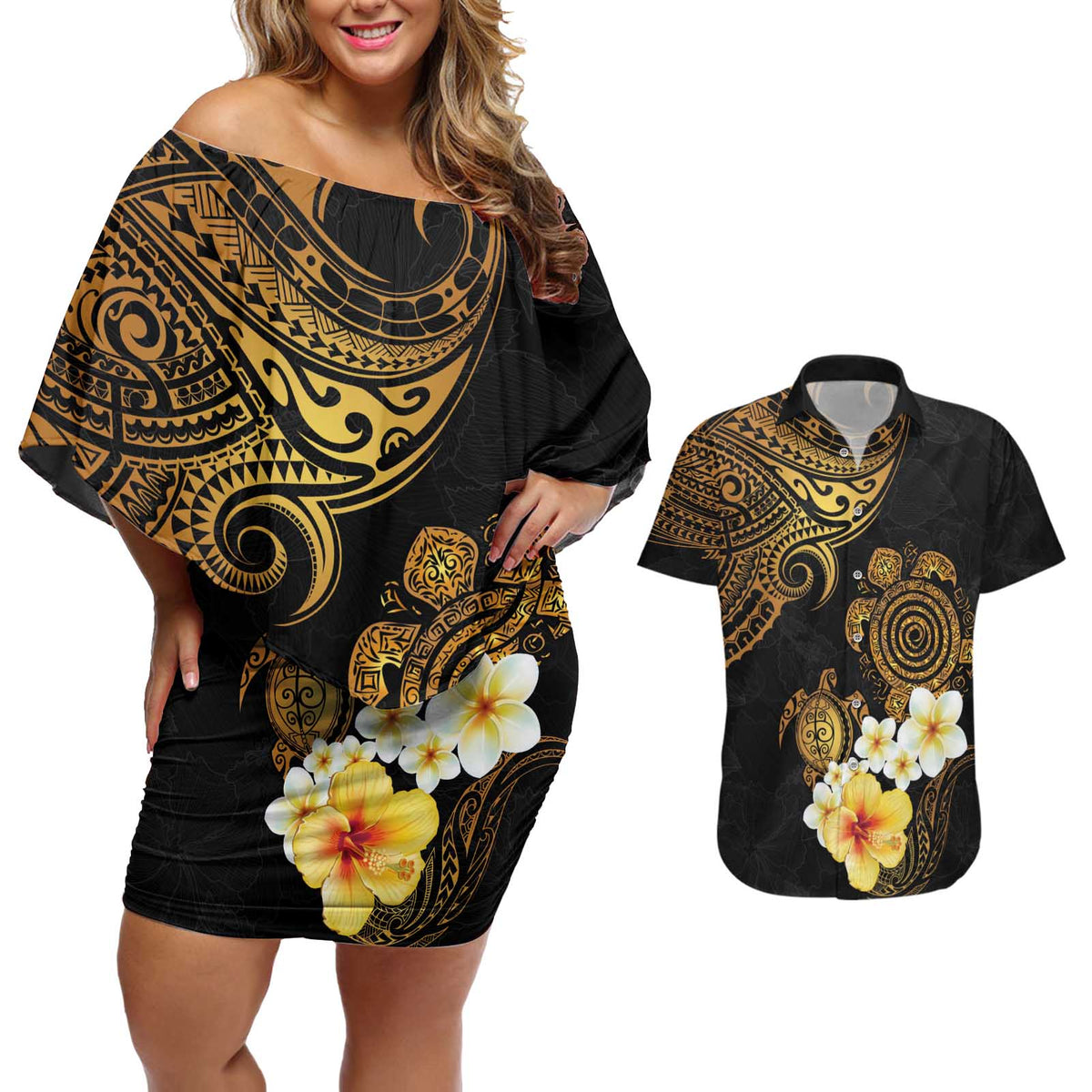 Polynesian Turtle Couples Matching Off Shoulder Short Dress and Hawaiian Shirt Plumeria Hibiscus Pattern Black Color