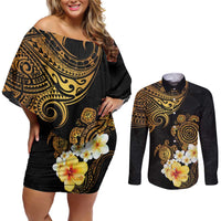 Polynesian Turtle Couples Matching Off Shoulder Short Dress and Long Sleeve Button Shirt Plumeria Hibiscus Pattern Black Color