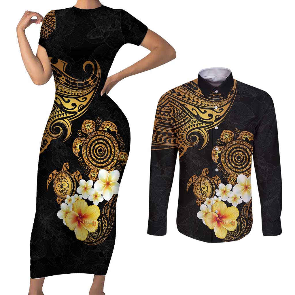 Polynesian Turtle Couples Matching Short Sleeve Bodycon Dress and Long Sleeve Button Shirt Plumeria Hibiscus Pattern Black Color