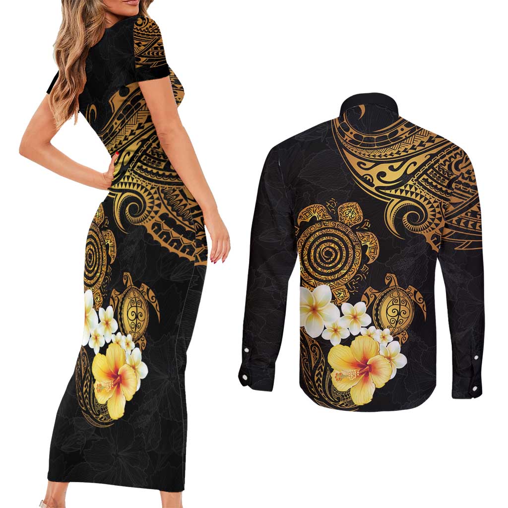 Polynesian Turtle Couples Matching Short Sleeve Bodycon Dress and Long Sleeve Button Shirt Plumeria Hibiscus Pattern Black Color