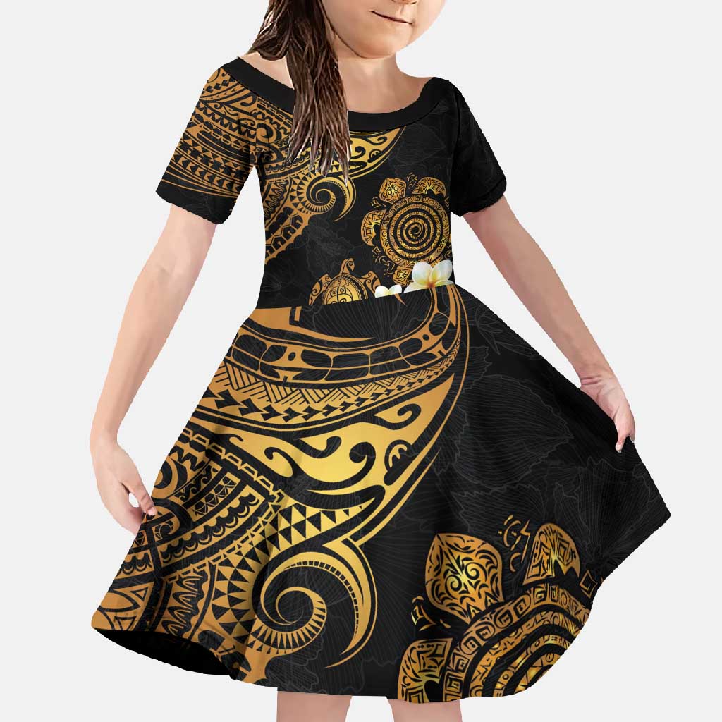 Polynesian Turtle Family Matching Long Sleeve Bodycon Dress and Hawaiian Shirt Plumeria Hibiscus Pattern Black Color LT03 Daughter's Dress Black - Polynesian Pride