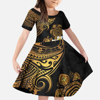 Polynesian Turtle Family Matching Long Sleeve Bodycon Dress and Hawaiian Shirt Plumeria Hibiscus Pattern Black Color LT03 Daughter's Dress Black - Polynesian Pride
