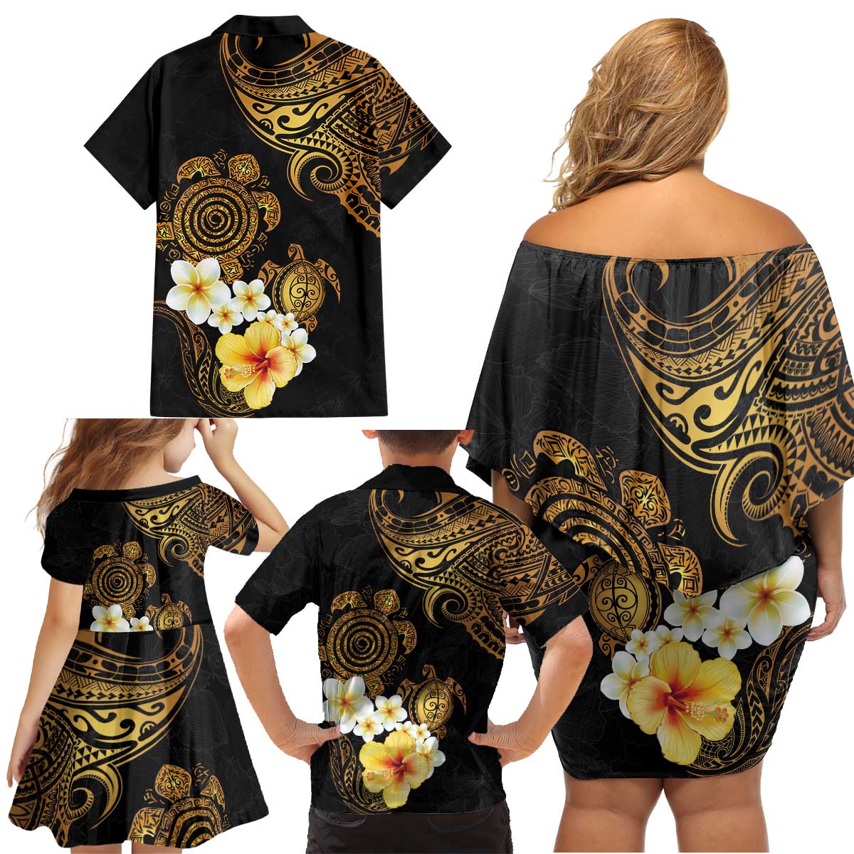 Polynesian Turtle Family Matching Off Shoulder Short Dress and Hawaiian Shirt Plumeria Hibiscus Pattern Black Color
