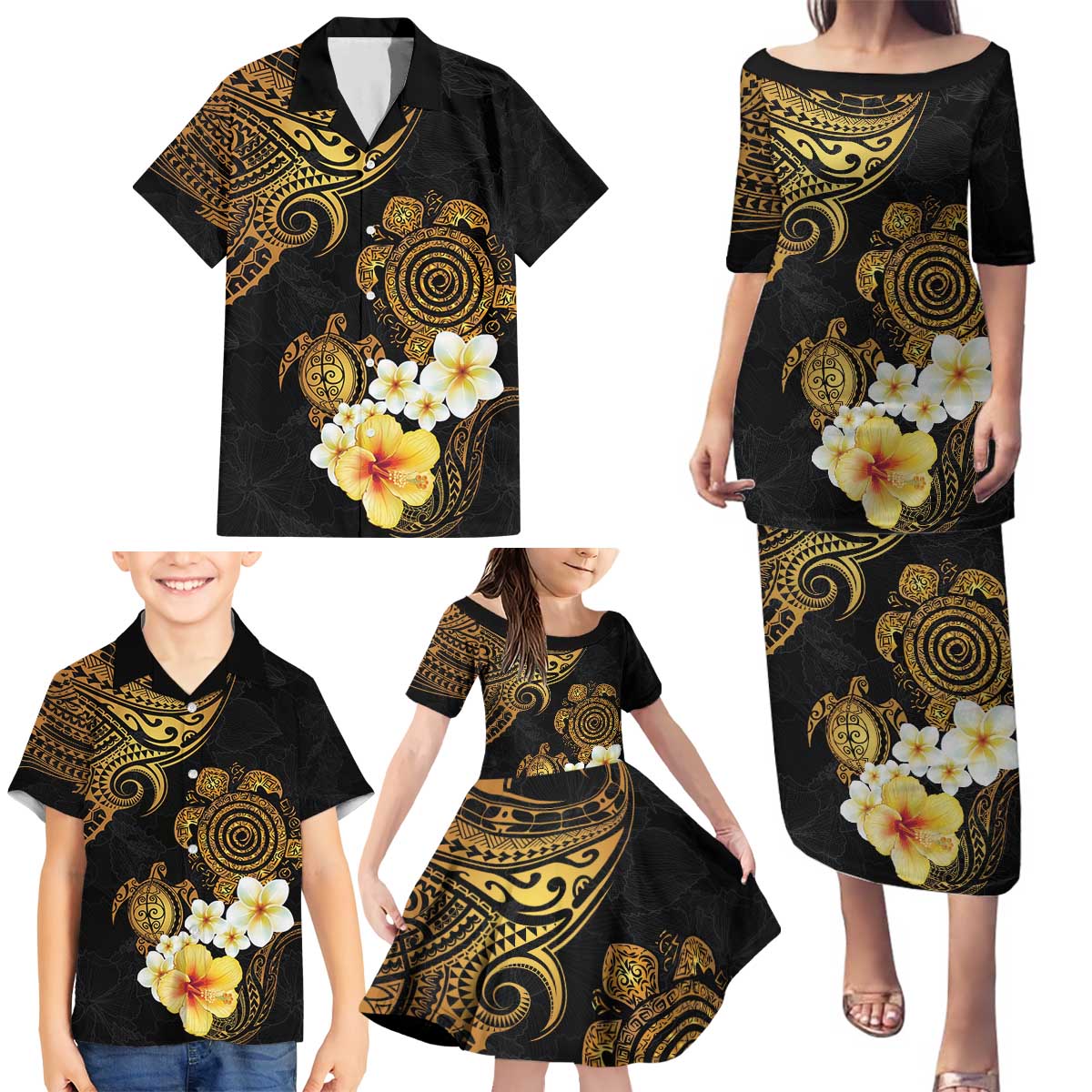 Polynesian Turtle Family Matching Puletasi and Hawaiian Shirt Plumeria Hibiscus Pattern Black Color LT03 - Polynesian Pride