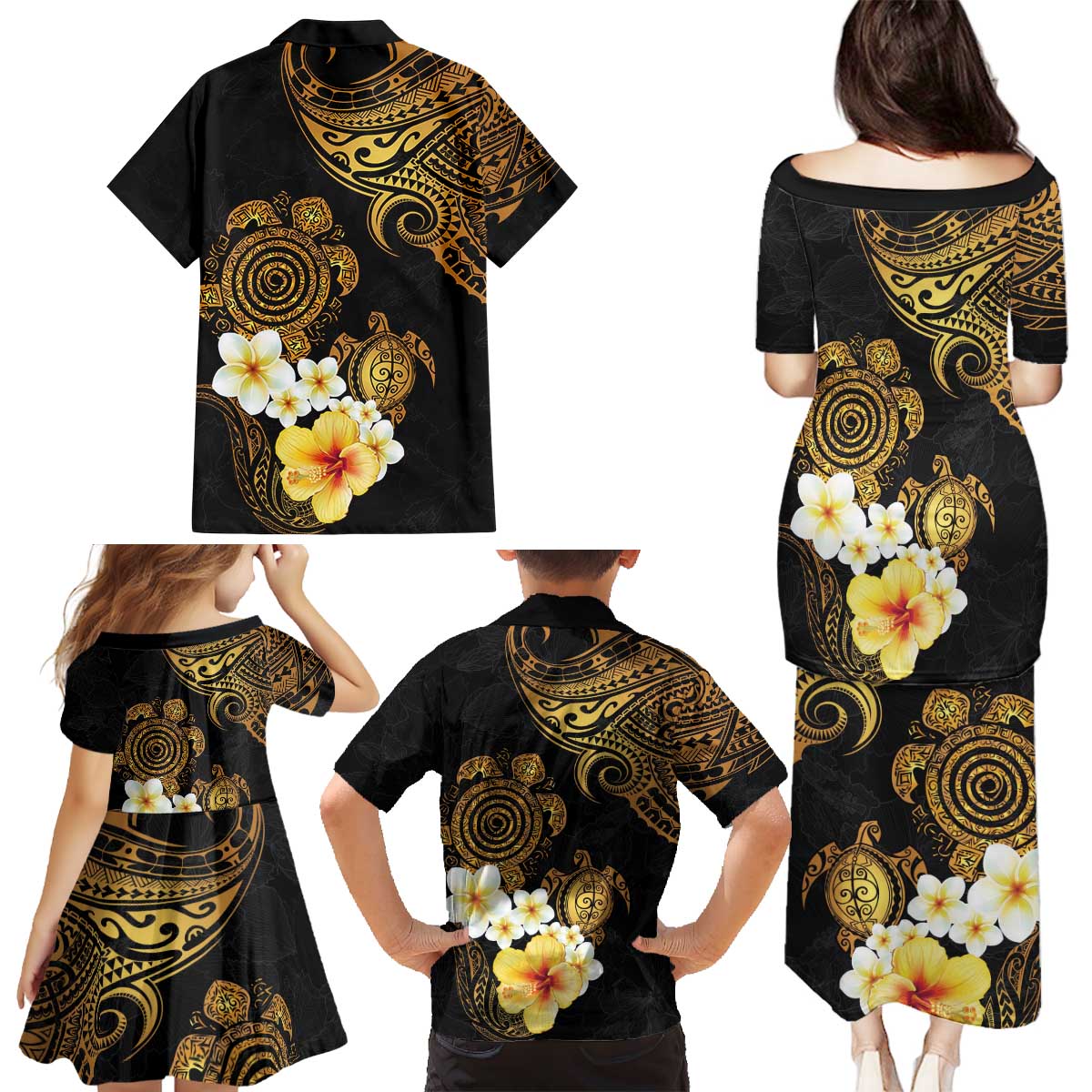 Polynesian Turtle Family Matching Puletasi and Hawaiian Shirt Plumeria Hibiscus Pattern Black Color LT03 - Polynesian Pride
