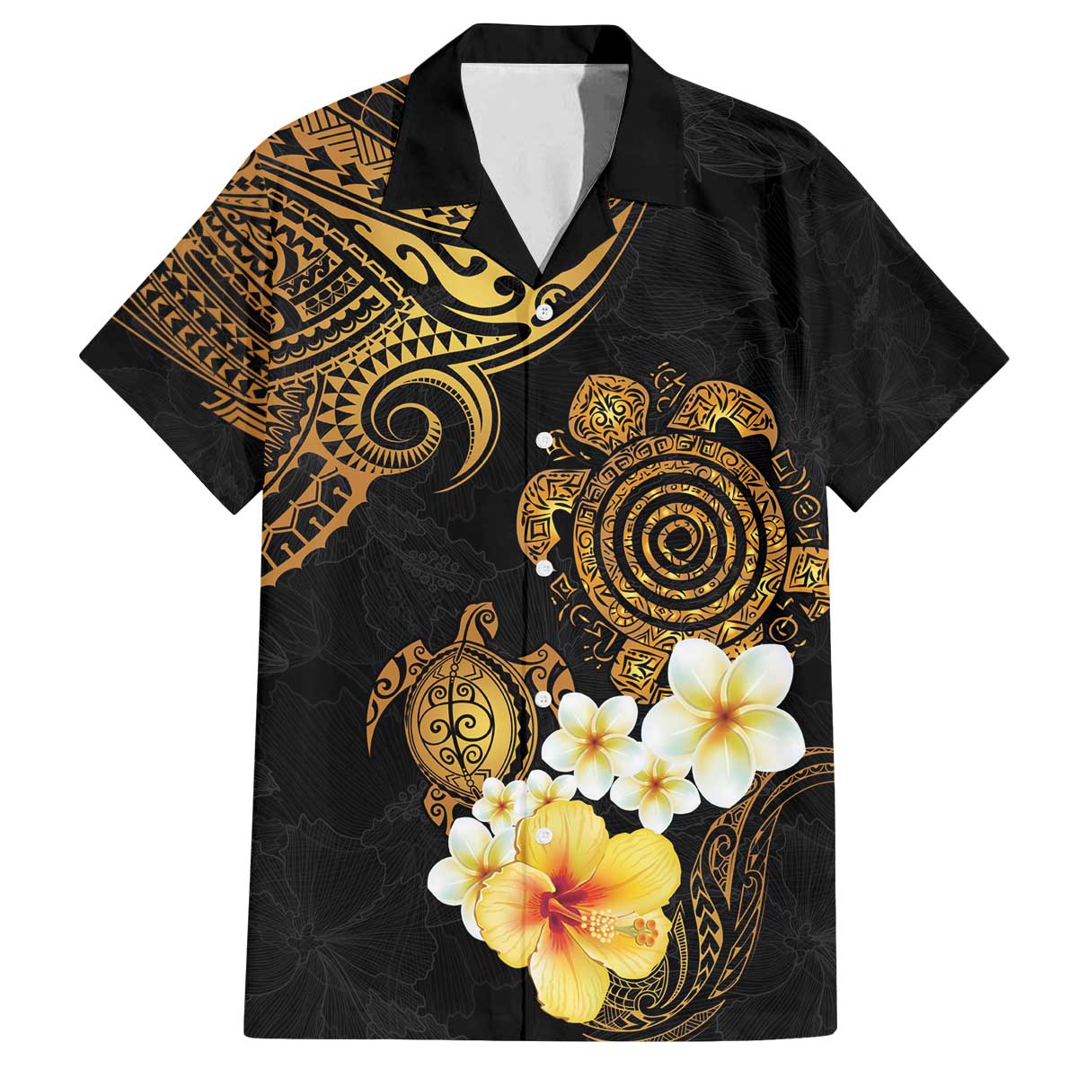 Polynesian Turtle Family Matching Puletasi and Hawaiian Shirt Plumeria Hibiscus Pattern Black Color LT03 Dad's Shirt - Short Sleeve Black - Polynesian Pride