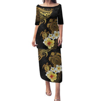 Polynesian Turtle Family Matching Puletasi and Hawaiian Shirt Plumeria Hibiscus Pattern Black Color LT03 Mom's Dress Black - Polynesian Pride