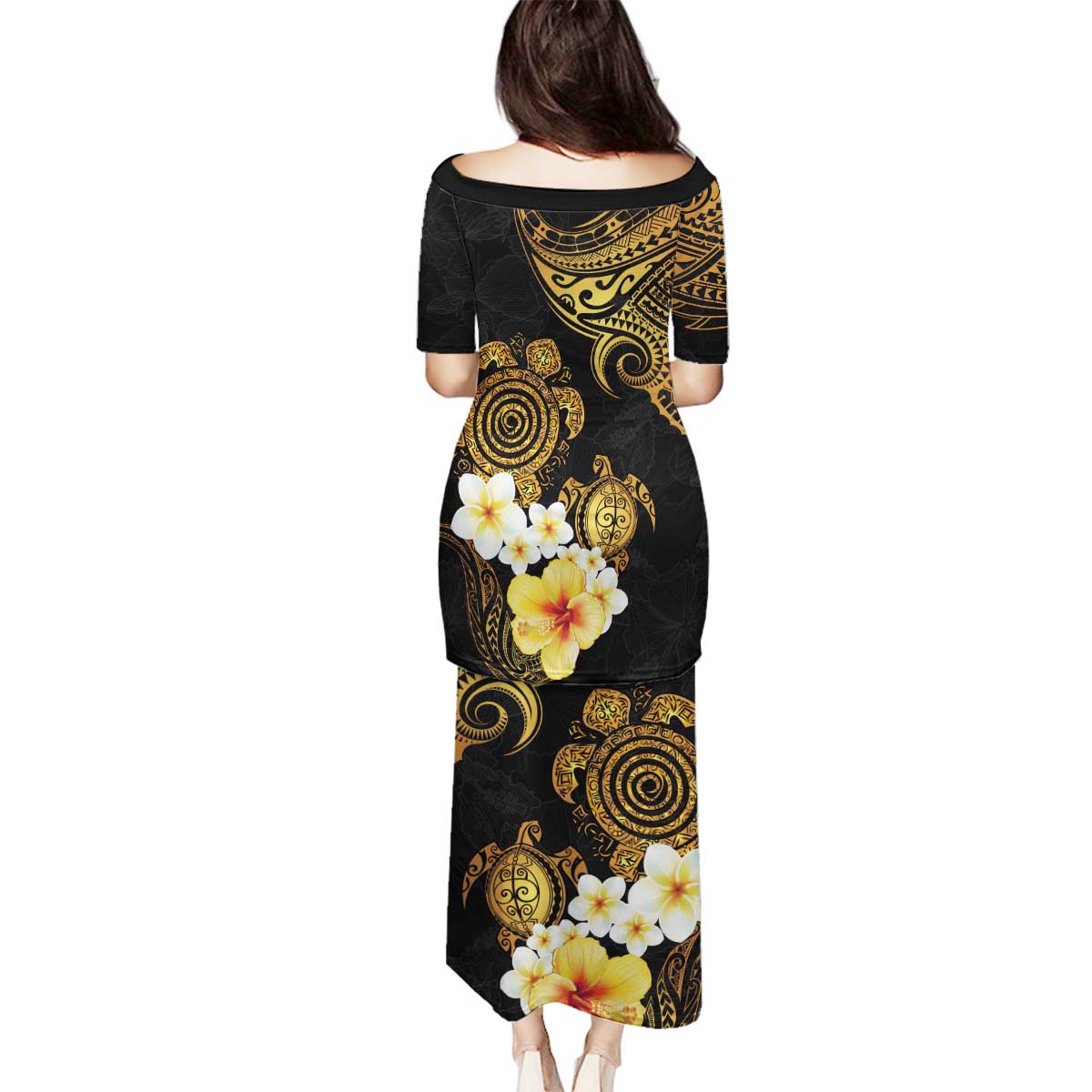 Polynesian Turtle Family Matching Puletasi and Hawaiian Shirt Plumeria Hibiscus Pattern Black Color LT03 - Polynesian Pride