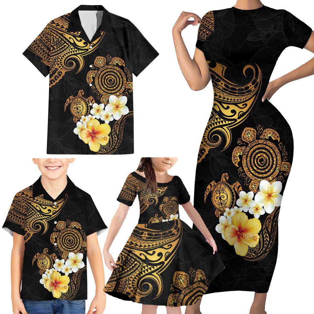 Polynesian Turtle Family Matching Short Sleeve Bodycon Dress and Hawaiian Shirt Plumeria Hibiscus Pattern Black Color LT03 - Polynesian Pride