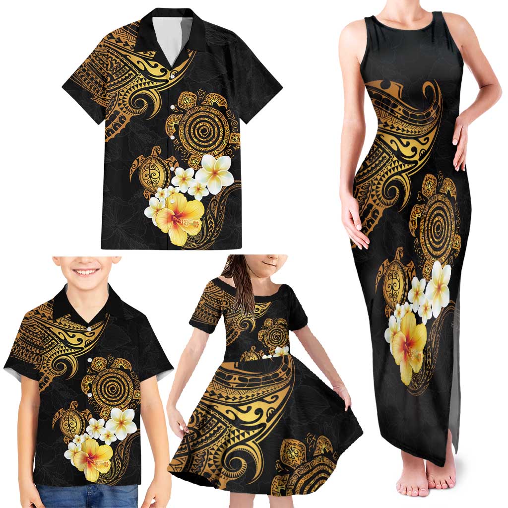 Polynesian Turtle Family Matching Tank Maxi Dress and Hawaiian Shirt Plumeria Hibiscus Pattern Black Color