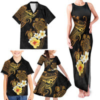 Polynesian Turtle Family Matching Tank Maxi Dress and Hawaiian Shirt Plumeria Hibiscus Pattern Black Color
