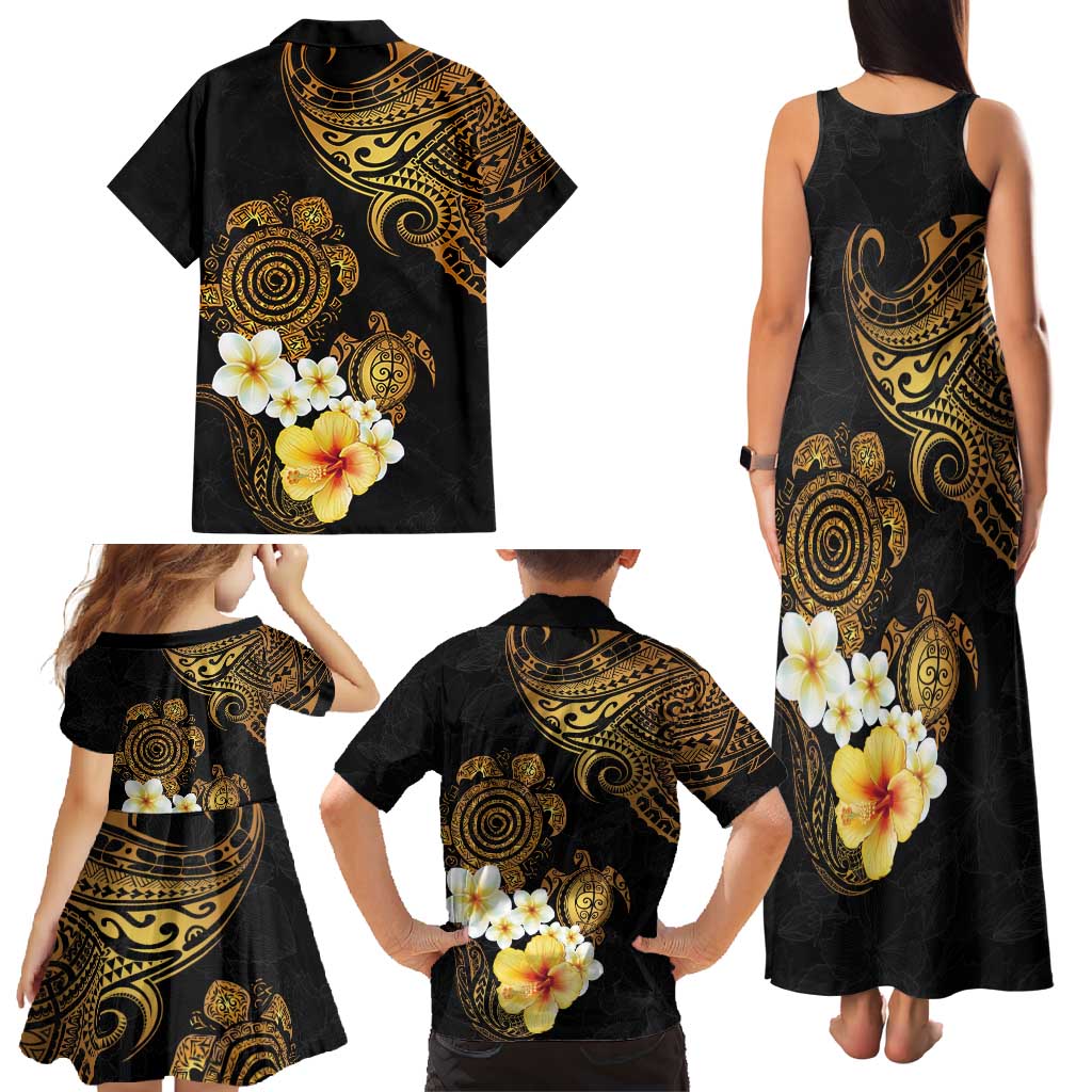 Polynesian Turtle Family Matching Tank Maxi Dress and Hawaiian Shirt Plumeria Hibiscus Pattern Black Color