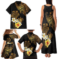 Polynesian Turtle Family Matching Tank Maxi Dress and Hawaiian Shirt Plumeria Hibiscus Pattern Black Color