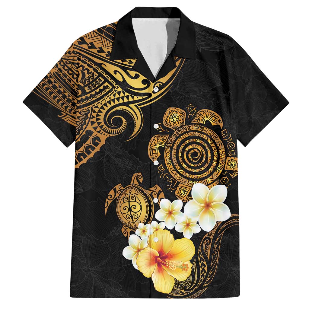 Polynesian Turtle Family Matching Tank Maxi Dress and Hawaiian Shirt Plumeria Hibiscus Pattern Black Color