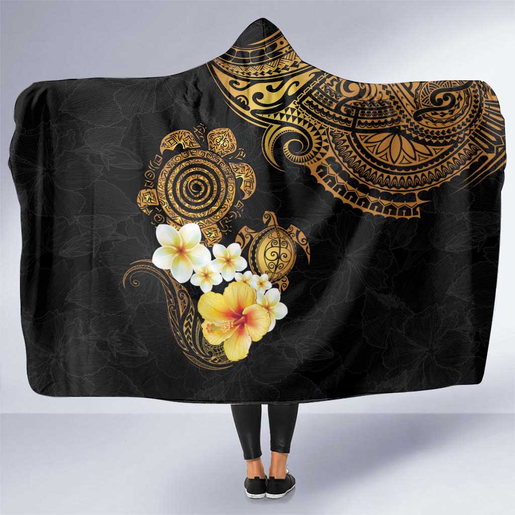 Polynesian Turtle Hooded Blanket Plumeria Hibiscus Pattern Black Color