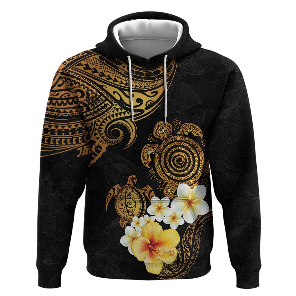 Polynesian Turtle Hoodie Plumeria Hibiscus Pattern Black Color