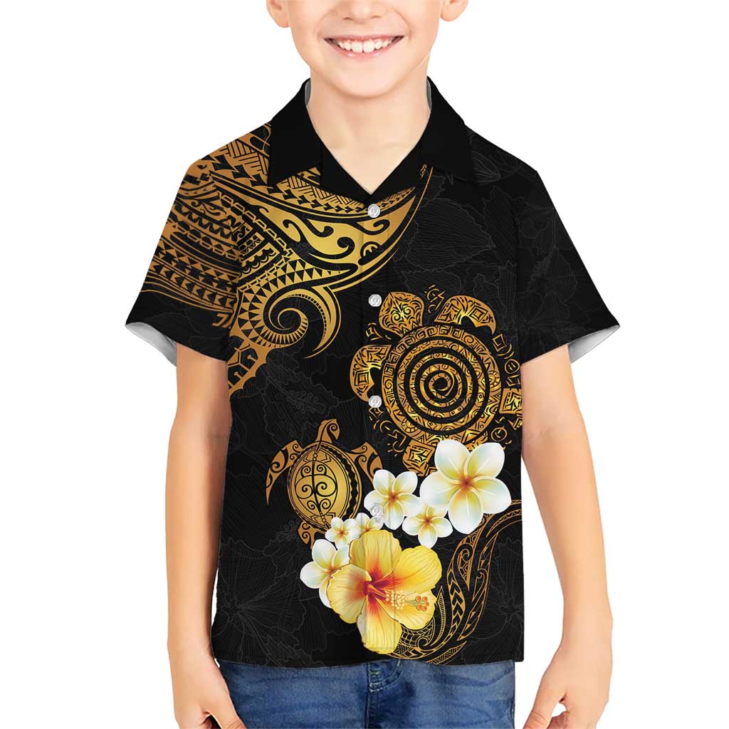 Polynesian Turtle Kid Hawaiian Shirt Plumeria Hibiscus Pattern Black Color