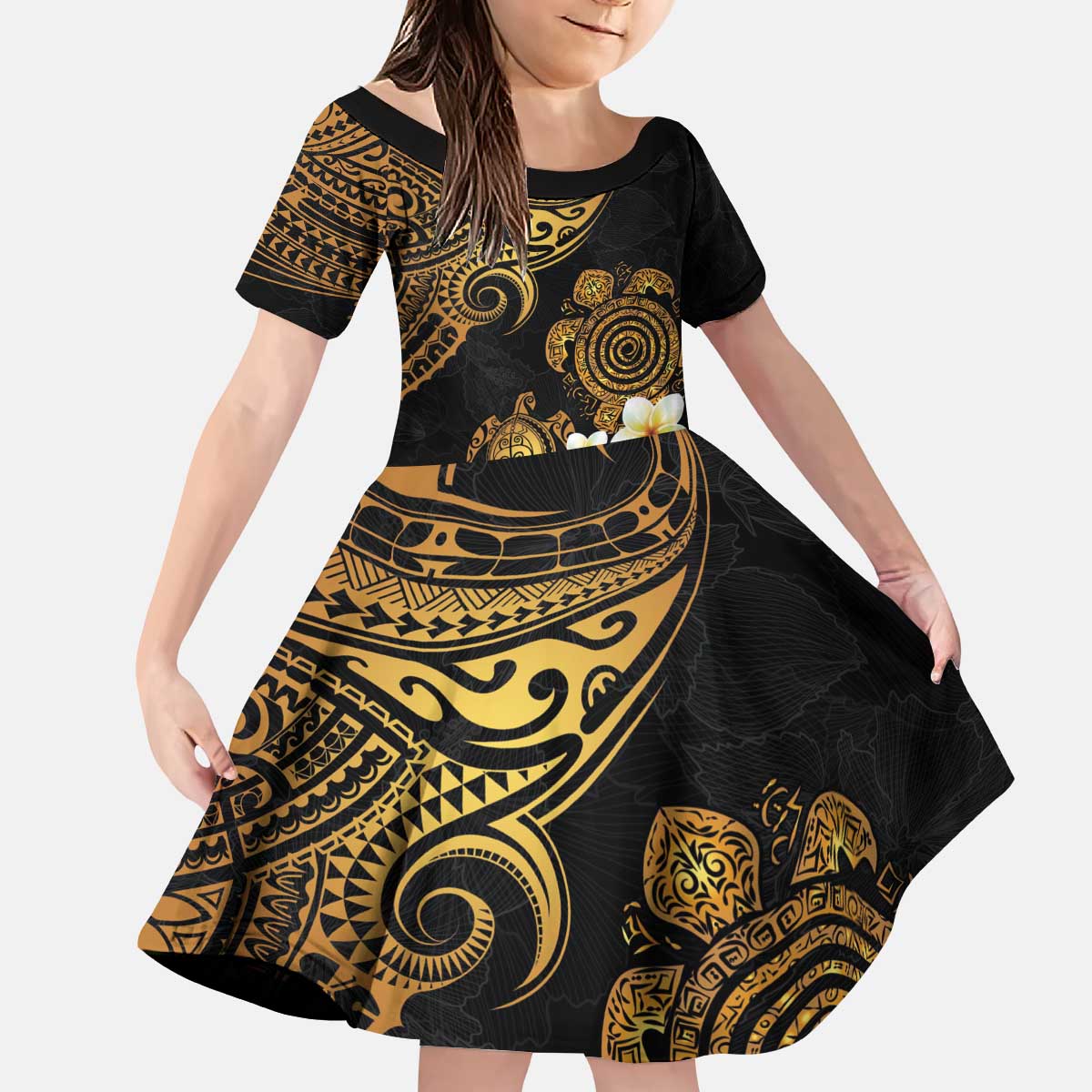 Polynesian Turtle Kid Short Sleeve Dress Plumeria Hibiscus Pattern Black Color