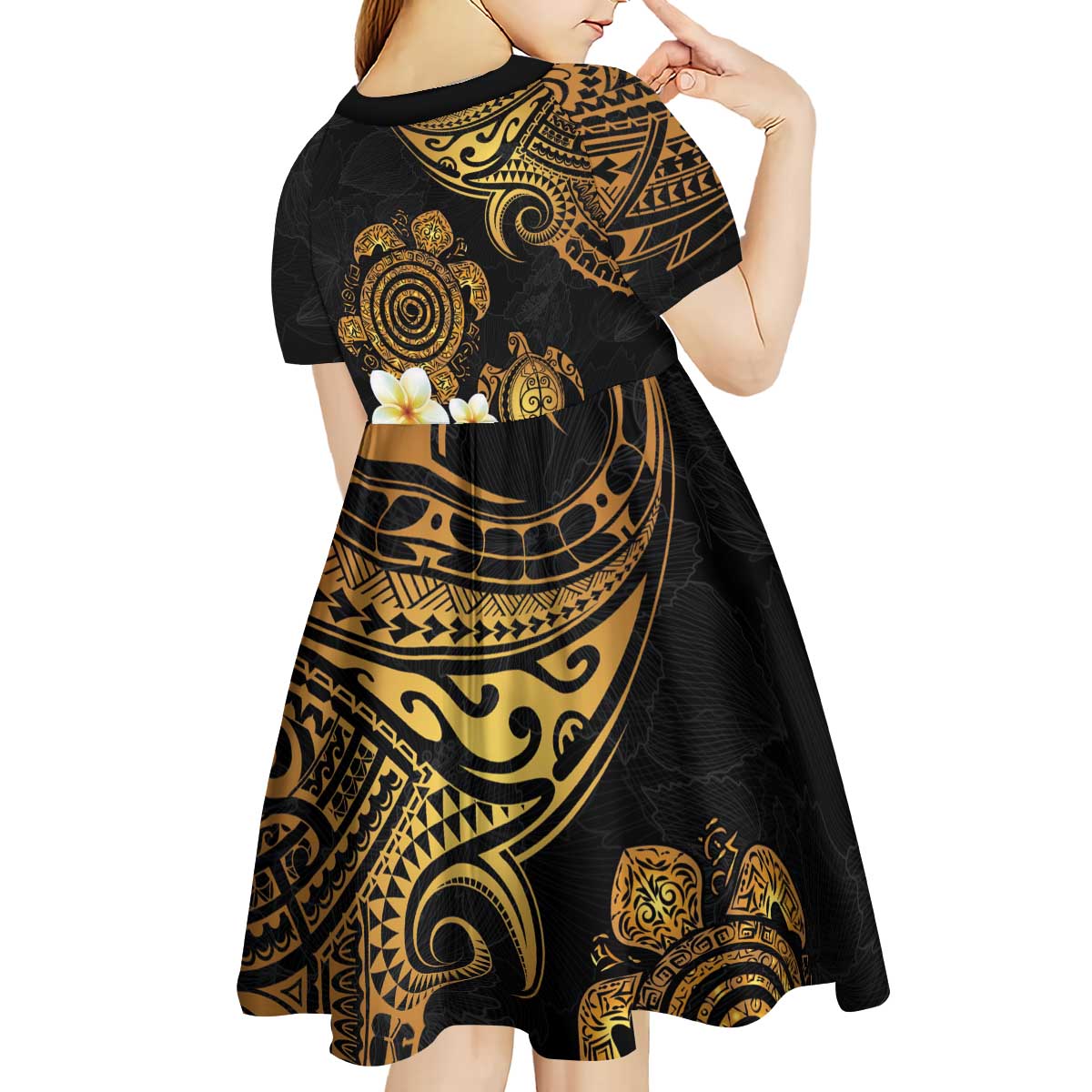Polynesian Turtle Kid Short Sleeve Dress Plumeria Hibiscus Pattern Black Color