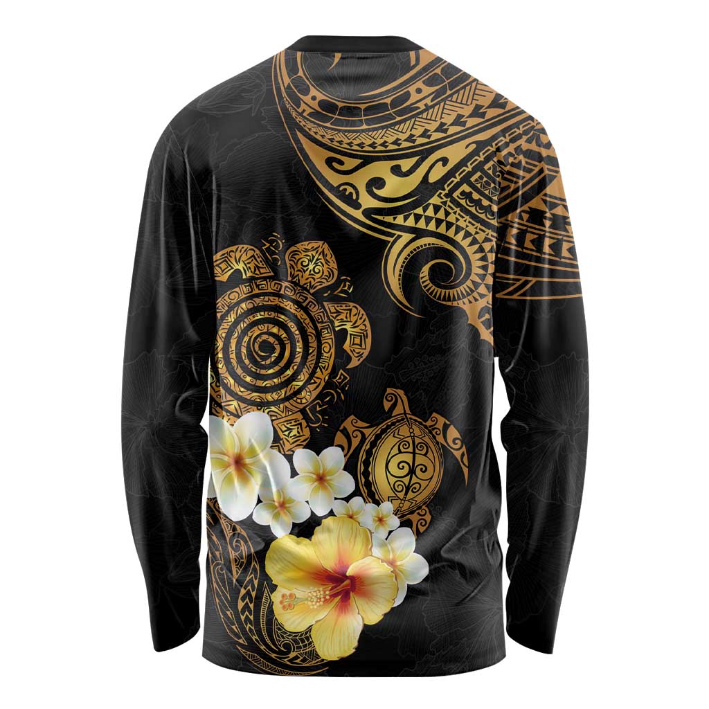 Polynesian Turtle Long Sleeve Shirt Plumeria Hibiscus Pattern Black Color