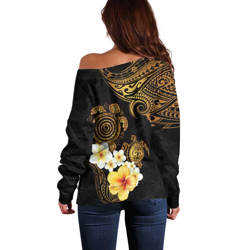 Polynesian Turtle Off Shoulder Sweater Plumeria Hibiscus Pattern Black Color