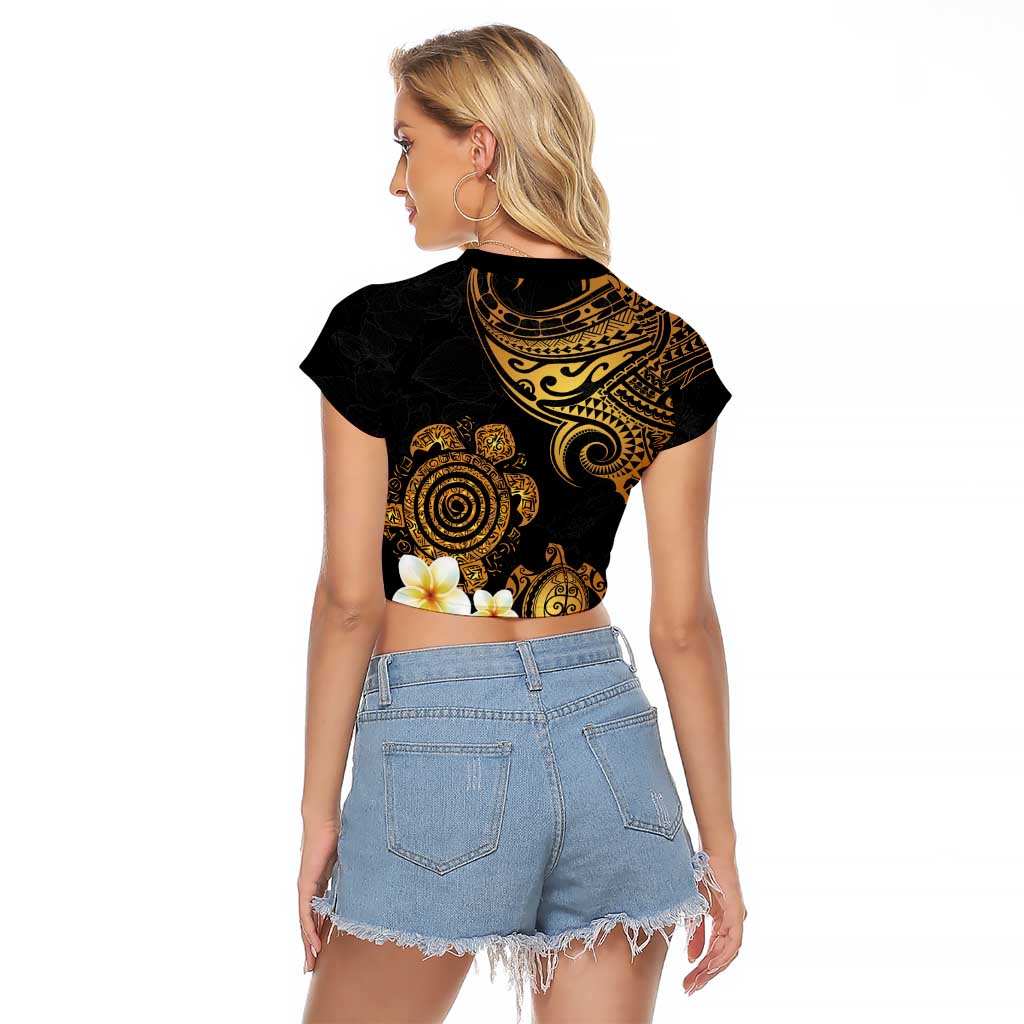 Polynesian Turtle Raglan Cropped T Shirt Plumeria Hibiscus Pattern Black Color